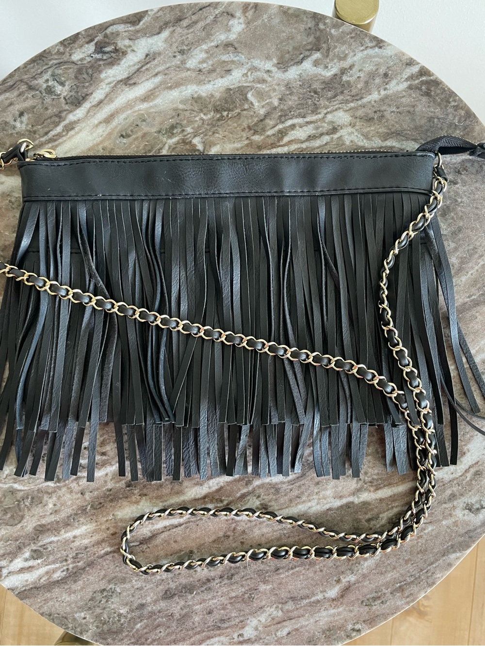 Stila Black Fringe Crossbody with Gold-Tone Chain